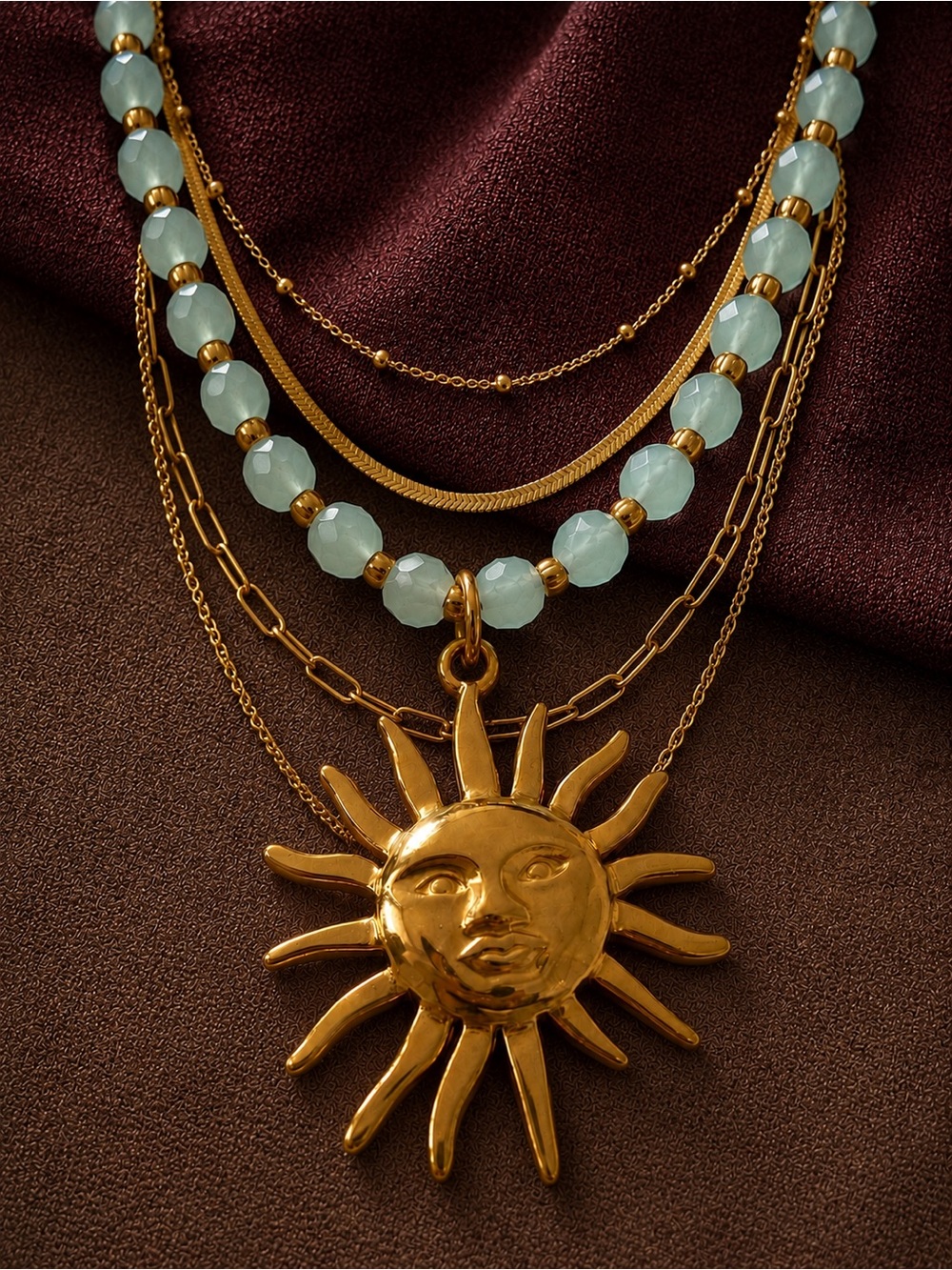 Golden Sun Pendant Necklace with Pale Aqua Beads